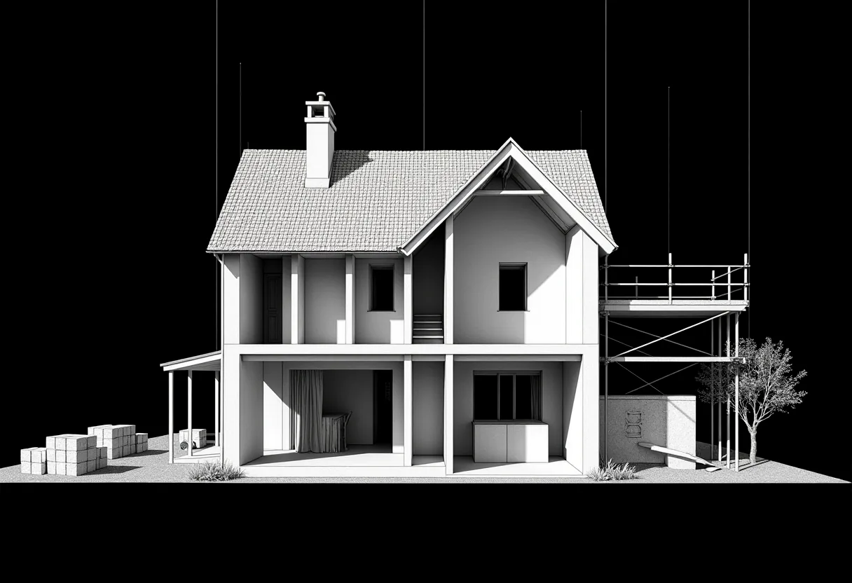 Sezione della casa a lavori iniziati: solai, tramezze nuove e impianti sotto traccia.